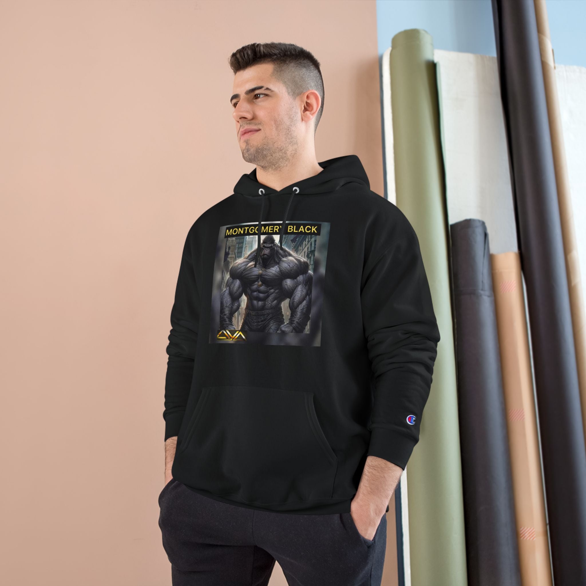 Montgomery Black Art Champion Hoodie - Stylish Graphic Sweatshirt for Fitness Enthusiasts