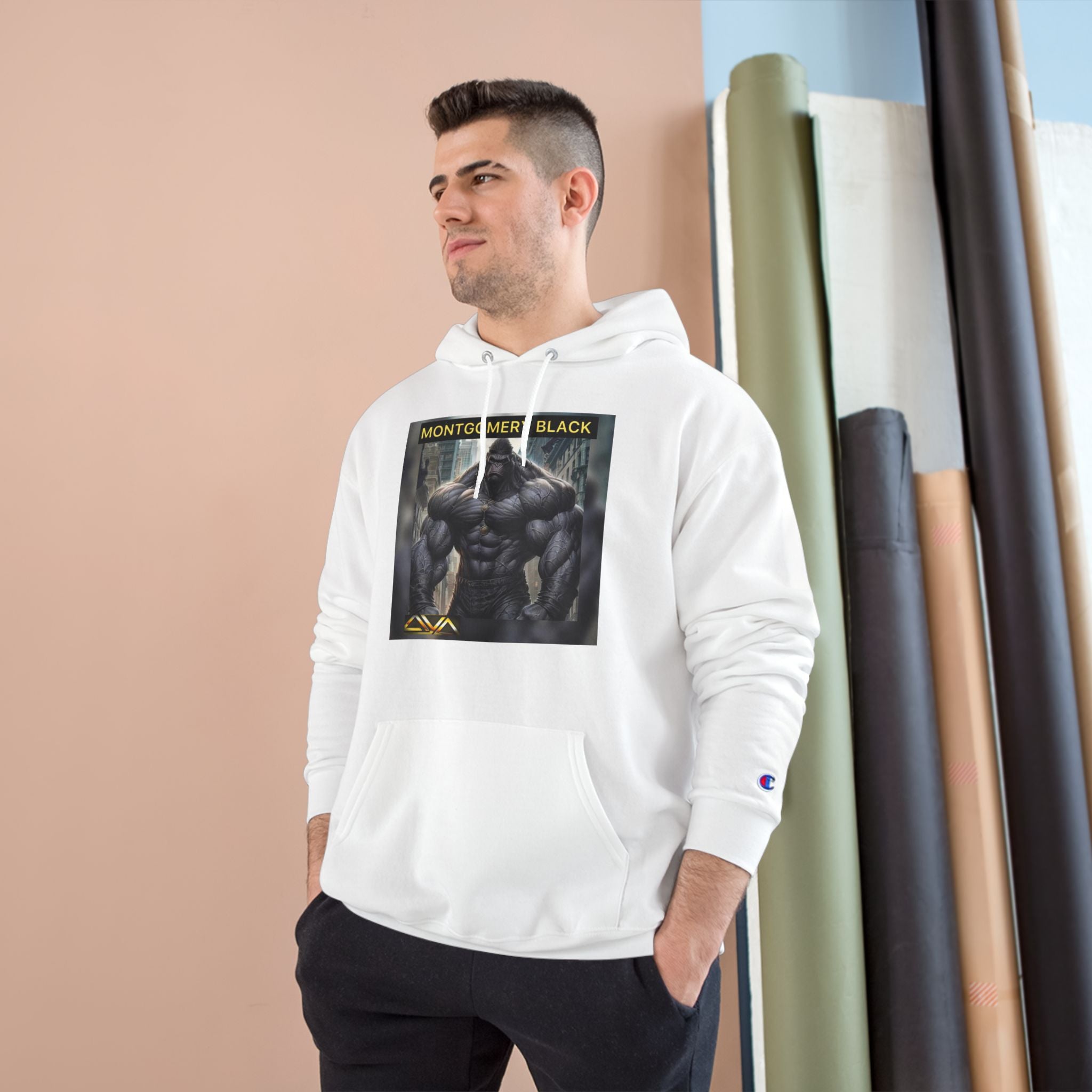 Montgomery Black Art Champion Hoodie - Stylish Graphic Sweatshirt for Fitness Enthusiasts