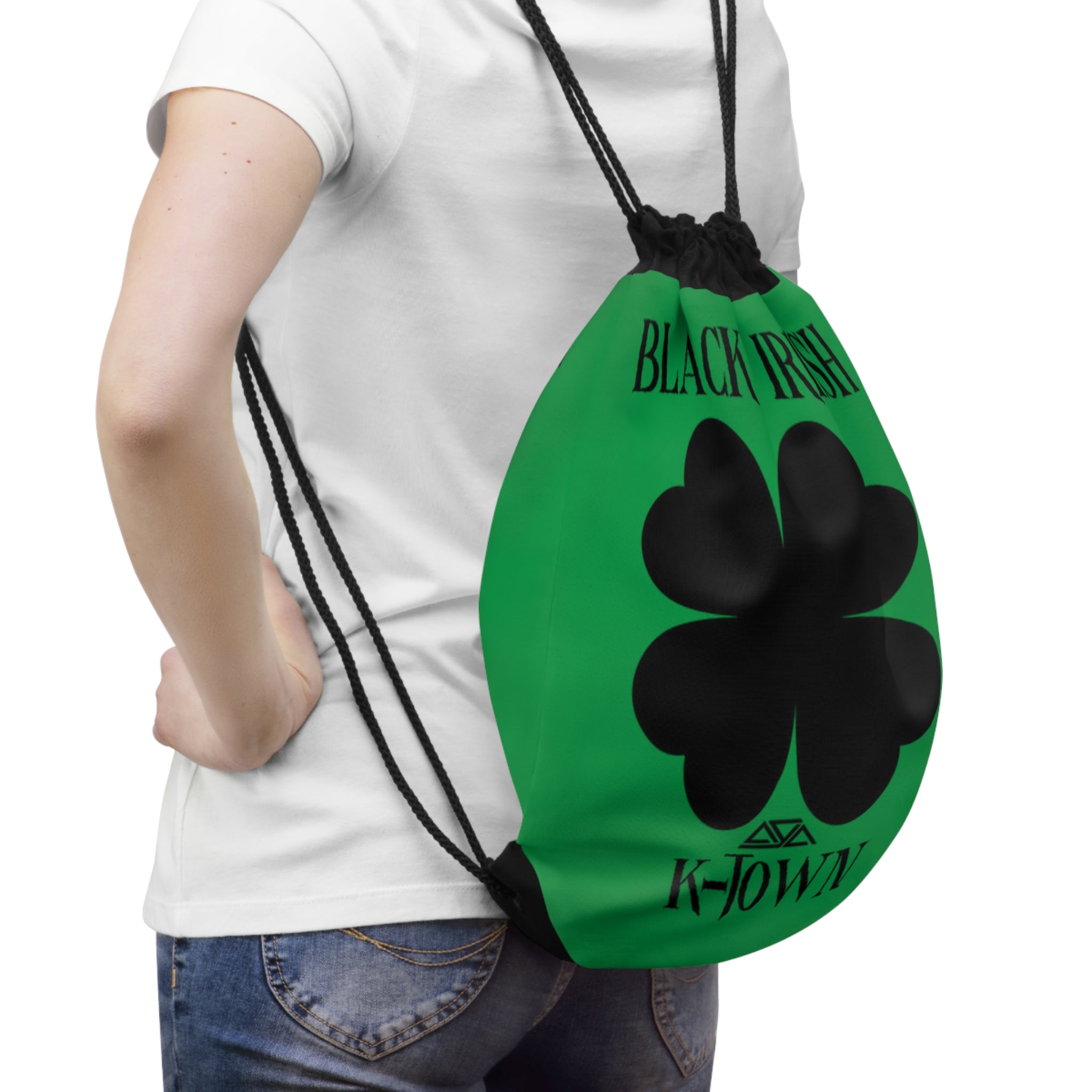 St. Patrick's Day Drawstring Bag - Black Irish Clover Design